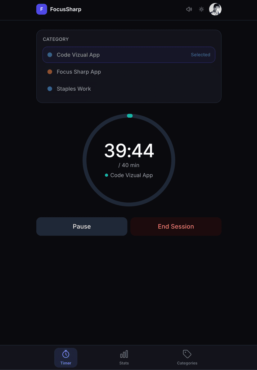 FocusSharp timer screen